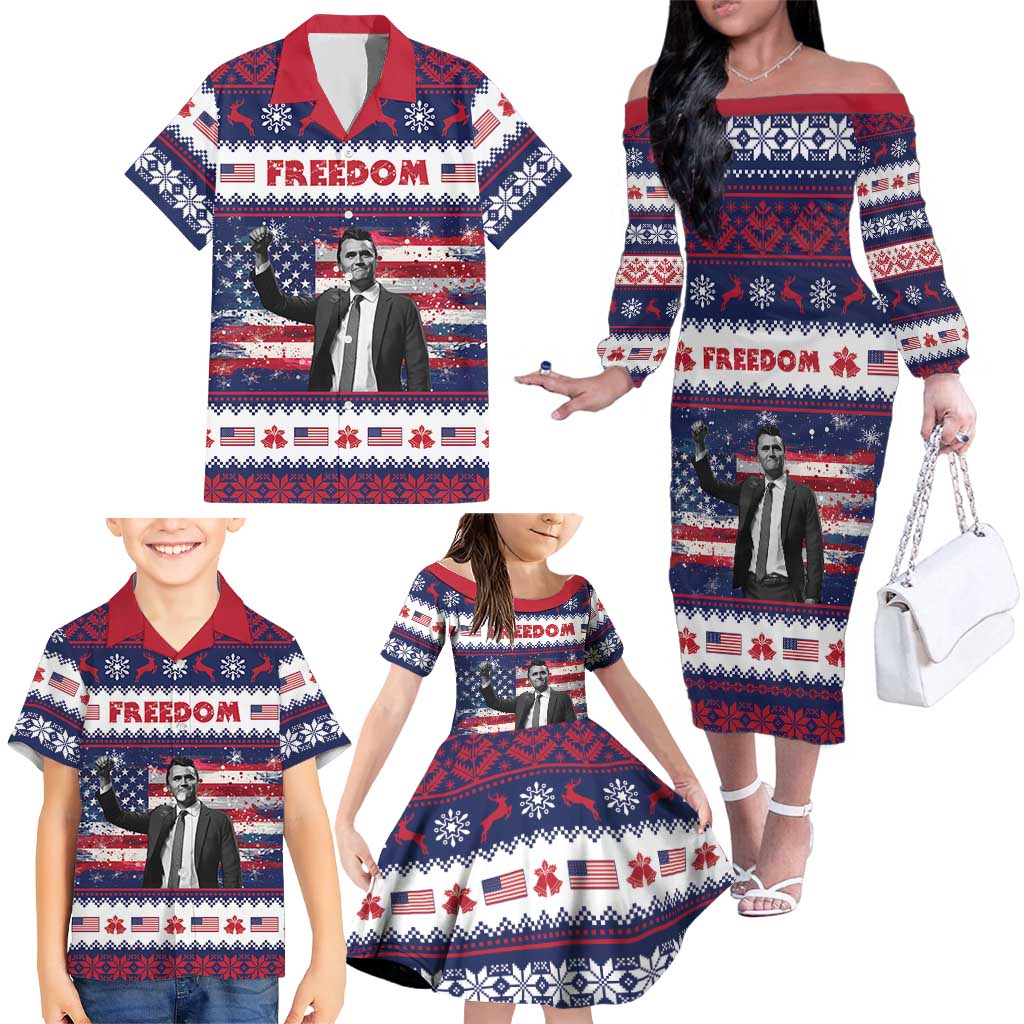 Freedom Charlie Kirk Tribute Christmas Family Matching Off The Shoulder Long Sleeve Dress and Hawaiian Shirt American Flag - Wonder Print Shop