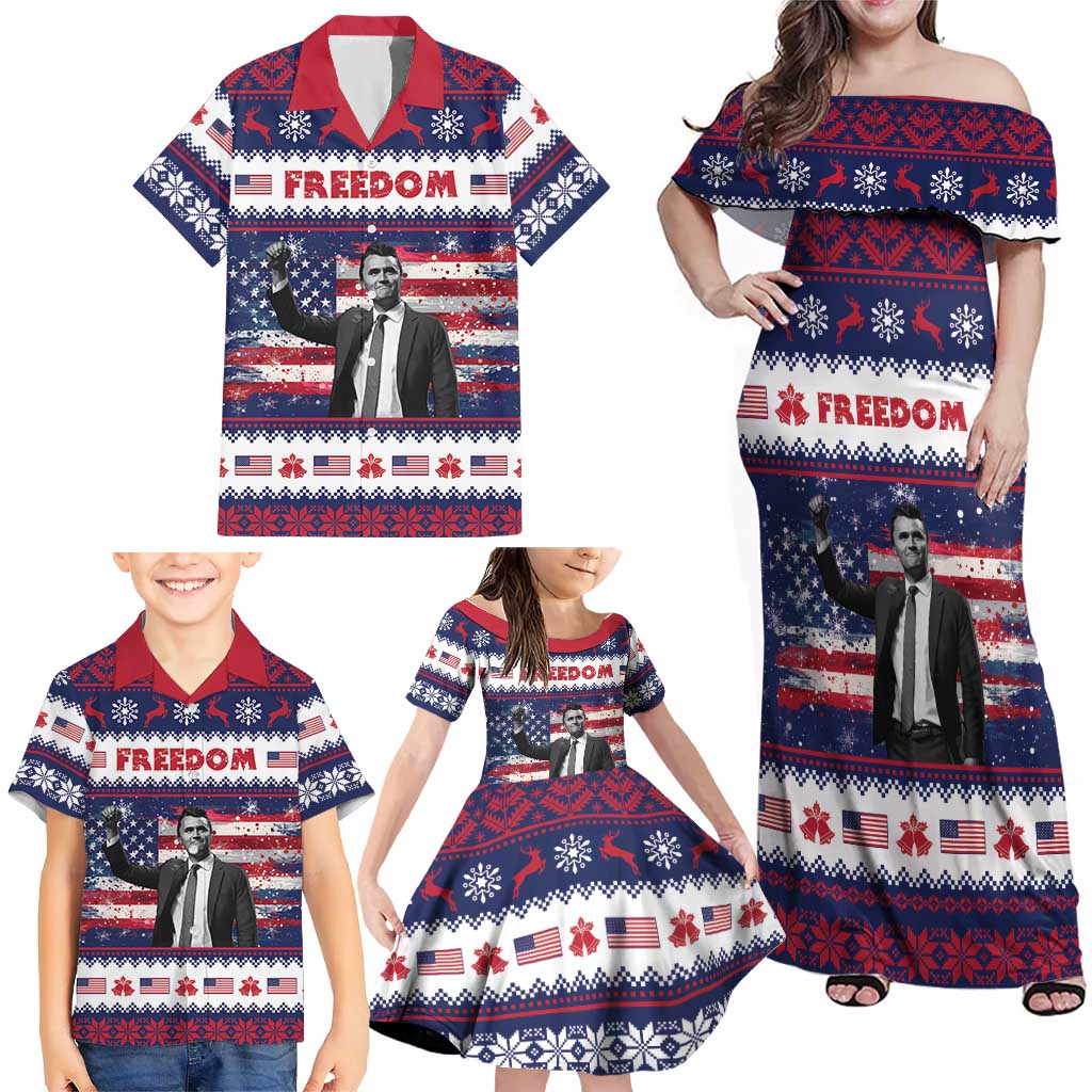 Freedom Charlie Kirk Tribute Christmas Family Matching Off Shoulder Maxi Dress and Hawaiian Shirt American Flag - Wonder Print Shop