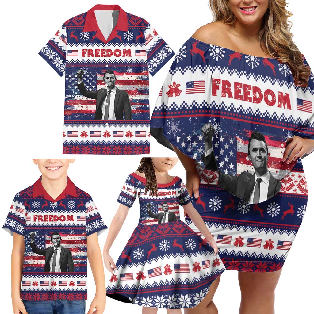 Freedom Charlie Kirk Tribute Christmas Family Matching Off Shoulder Short Dress and Hawaiian Shirt American Flag - Wonder Print Shop