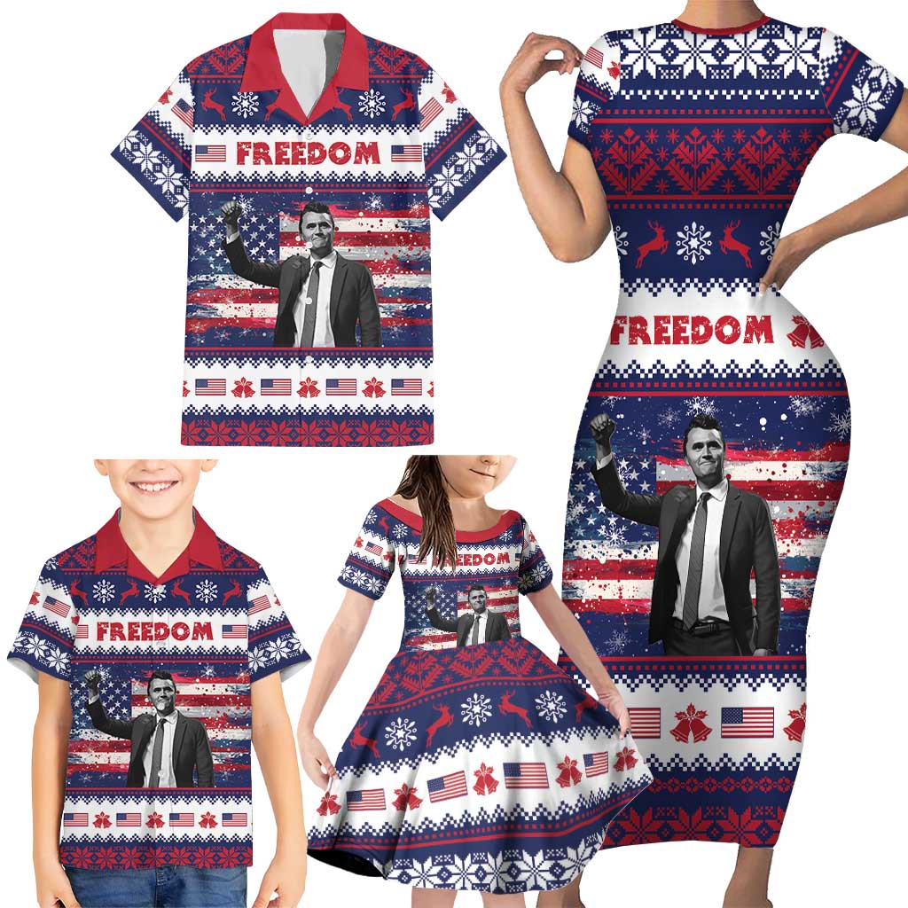 Freedom Charlie Kirk Tribute Christmas Family Matching Short Sleeve Bodycon Dress and Hawaiian Shirt American Flag - Wonder Print Shop