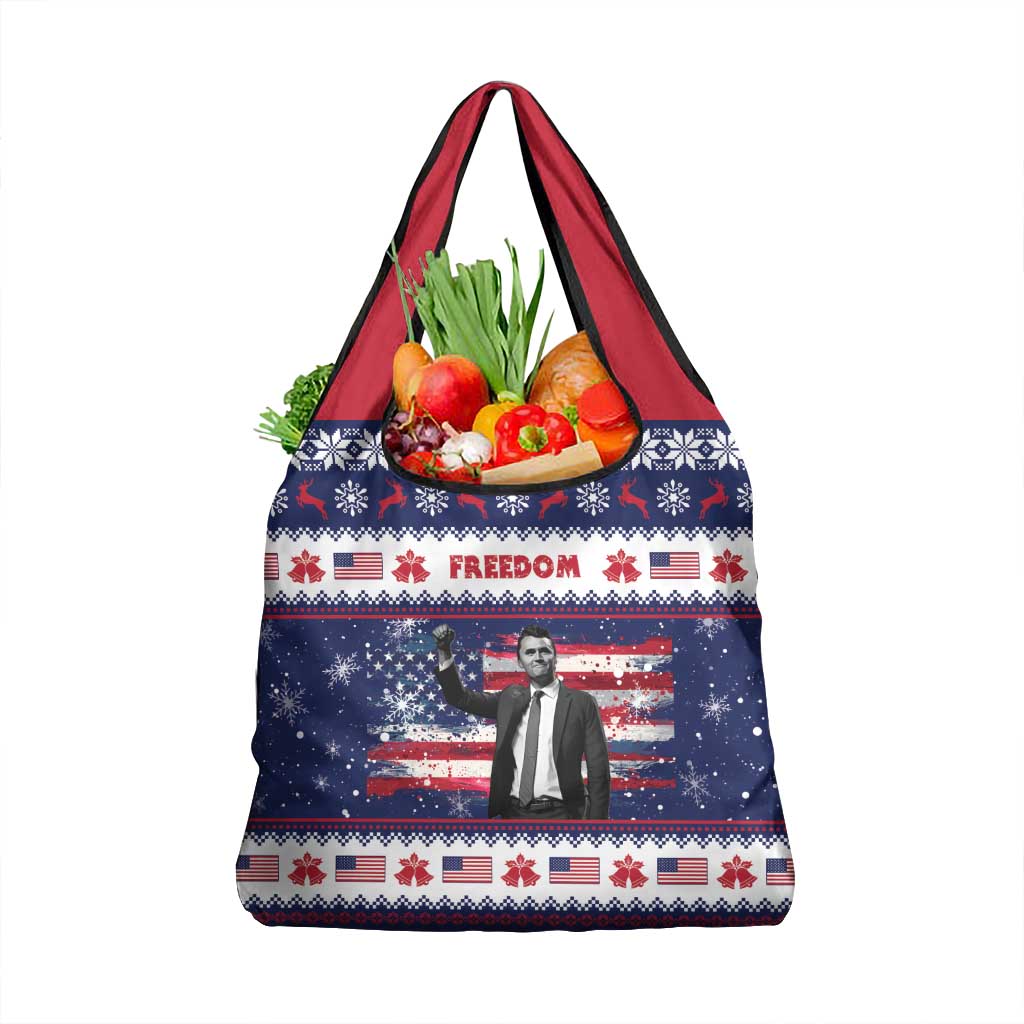 Freedom Charlie Kirk Tribute Christmas Grocery Bag American Flag - Wonder Print Shop