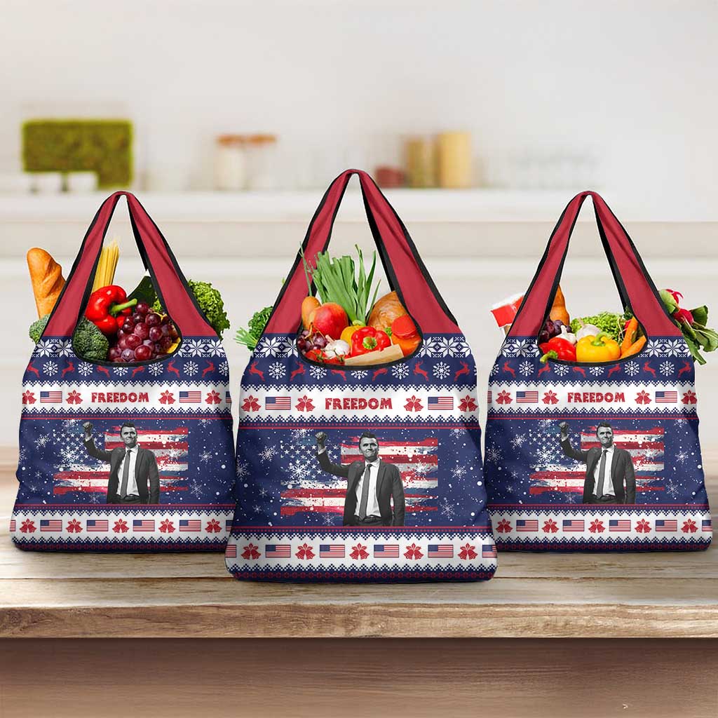 Freedom Charlie Kirk Tribute Christmas Grocery Bag American Flag - Wonder Print Shop