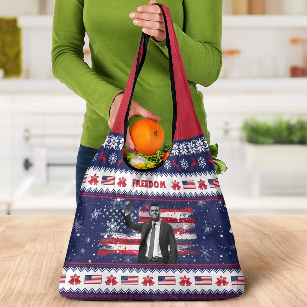 Freedom Charlie Kirk Tribute Christmas Grocery Bag American Flag - Wonder Print Shop