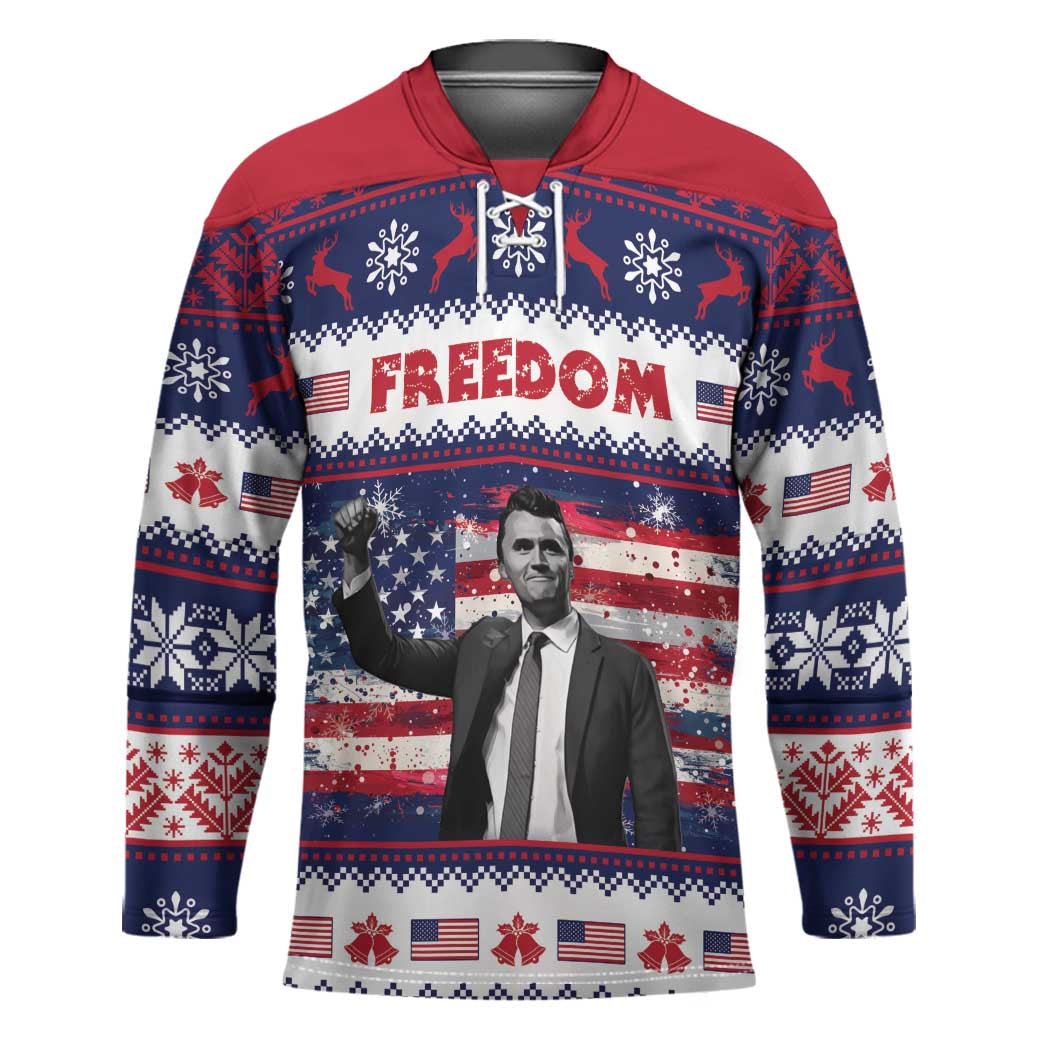 Freedom Charlie Kirk Tribute Christmas Hockey Jersey American Flag - Wonder Print Shop