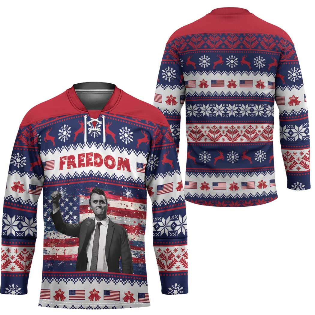 Freedom Charlie Kirk Tribute Christmas Hockey Jersey American Flag - Wonder Print Shop