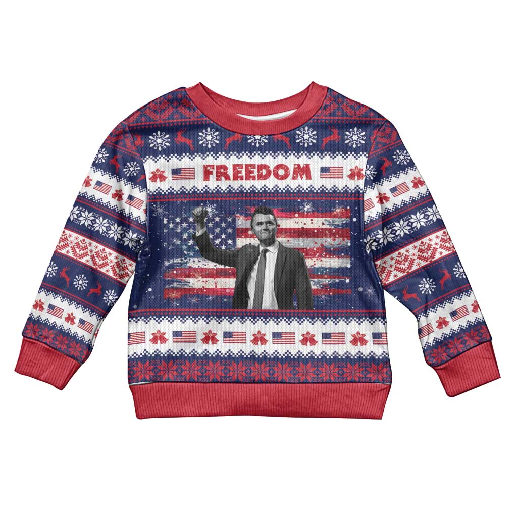 Freedom Charlie Kirk Tribute Christmas Kid Ugly Christmas Sweater American Flag - Wonder Print Shop