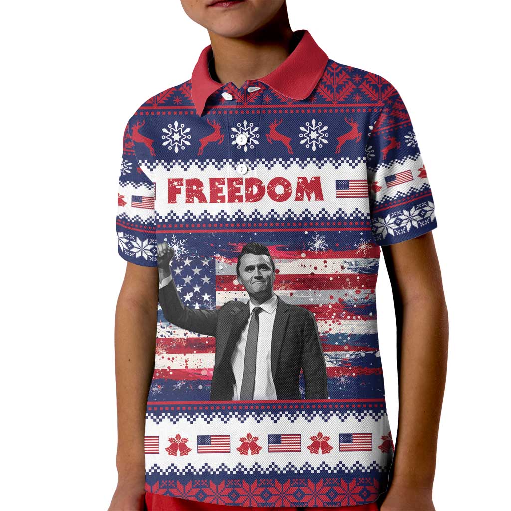 Freedom Charlie Kirk Tribute Christmas Kid Polo Shirt American Flag - Wonder Print Shop