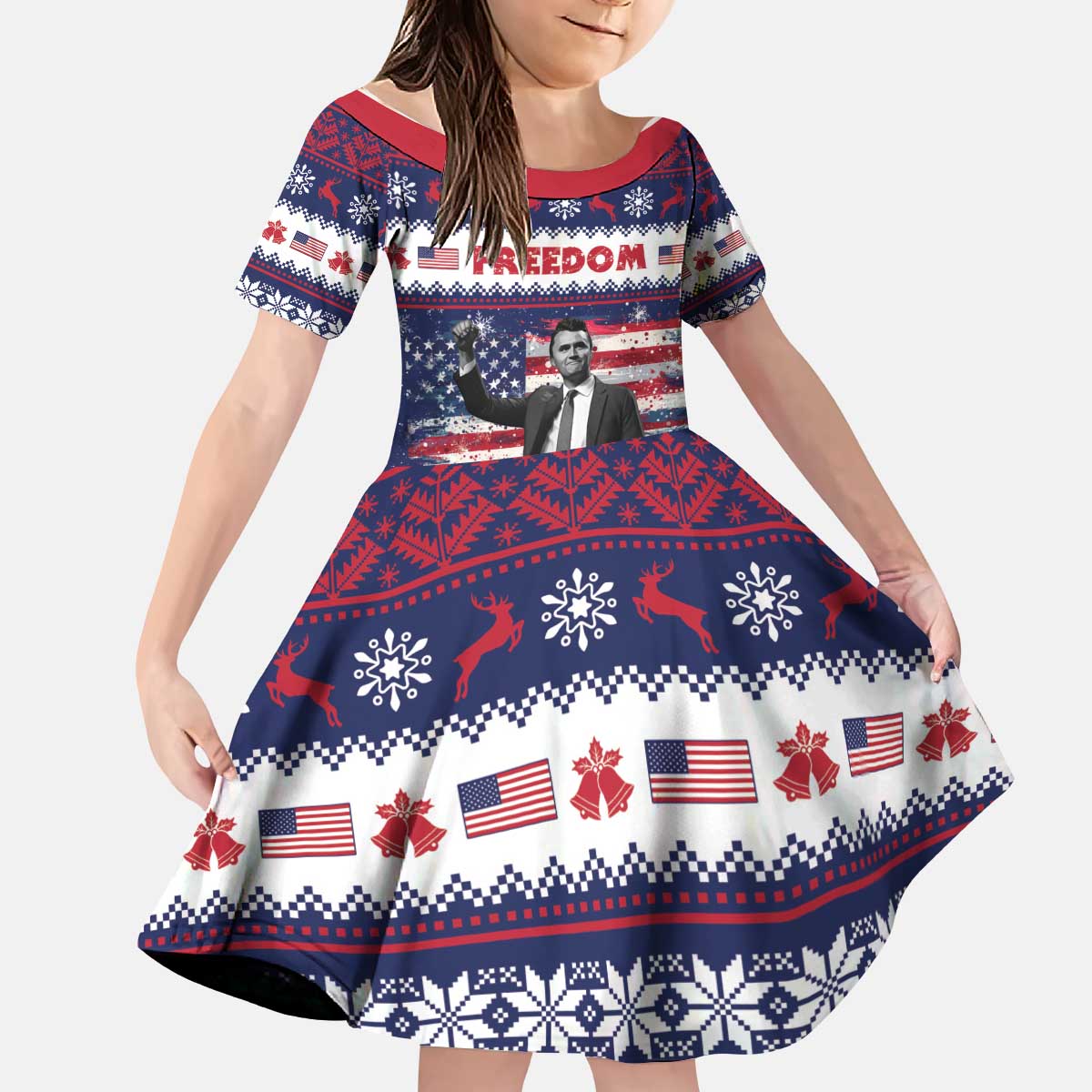 Freedom Charlie Kirk Tribute Christmas Kid Short Sleeve Dress American Flag - Wonder Print Shop