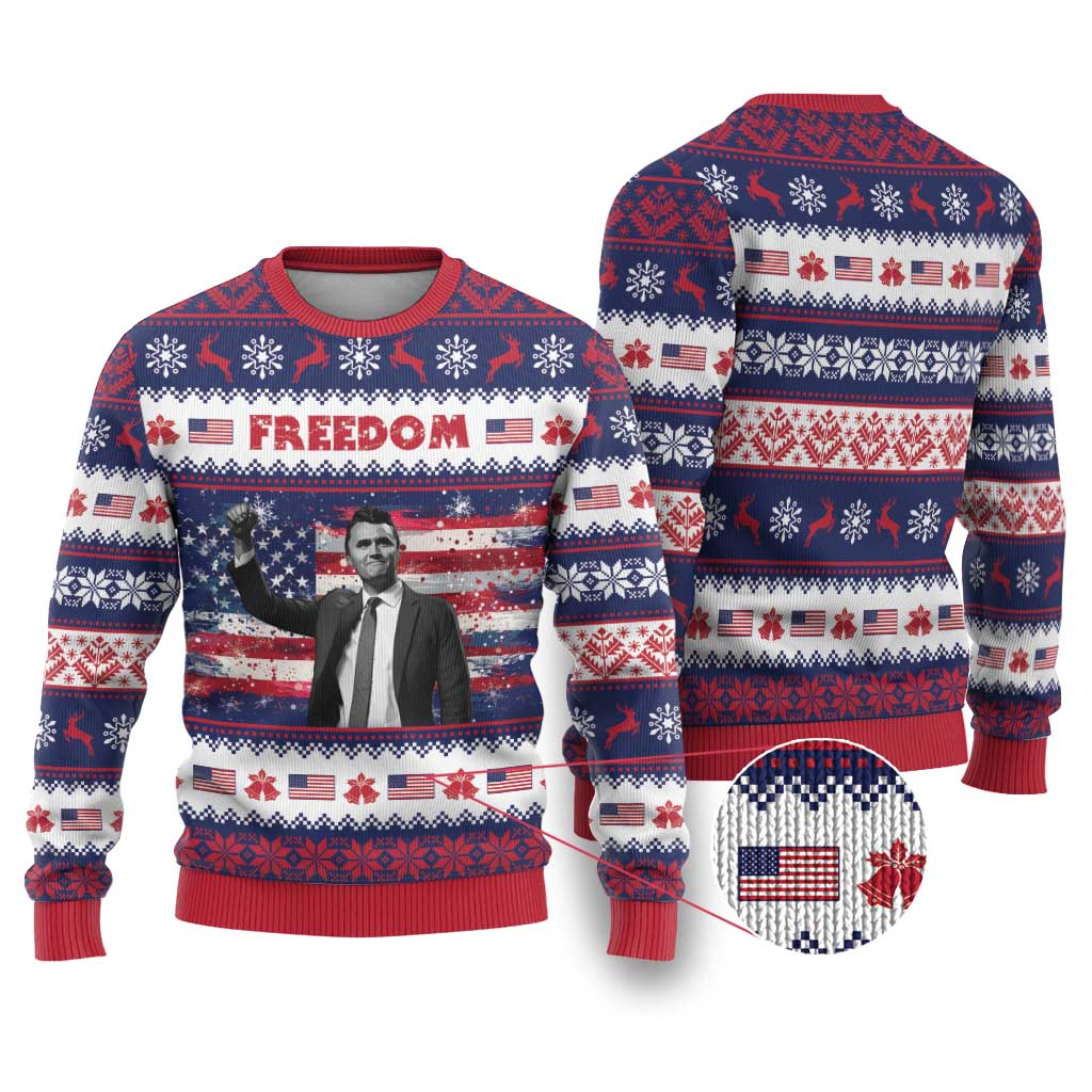Freedom Charlie Kirk Tribute Christmas Ugly Christmas Sweater American Flag - Wonder Print Shop