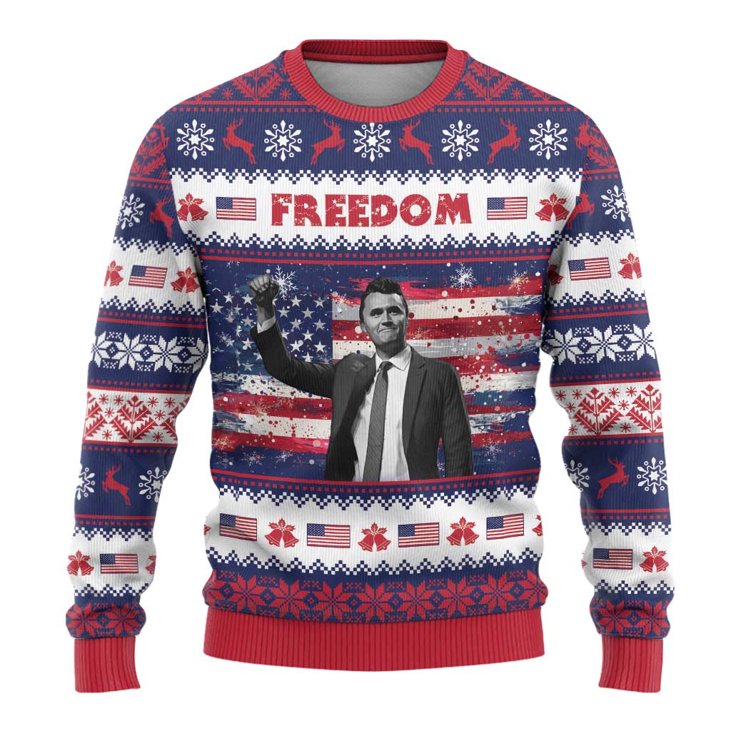 Freedom Charlie Kirk Tribute Christmas Ugly Christmas Sweater American Flag - Wonder Print Shop