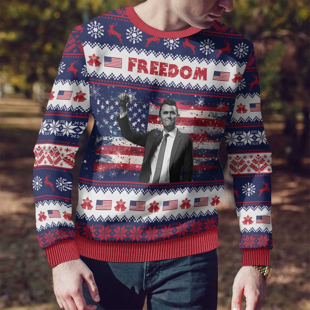 Freedom Charlie Kirk Tribute Christmas Ugly Christmas Sweater American Flag - Wonder Print Shop