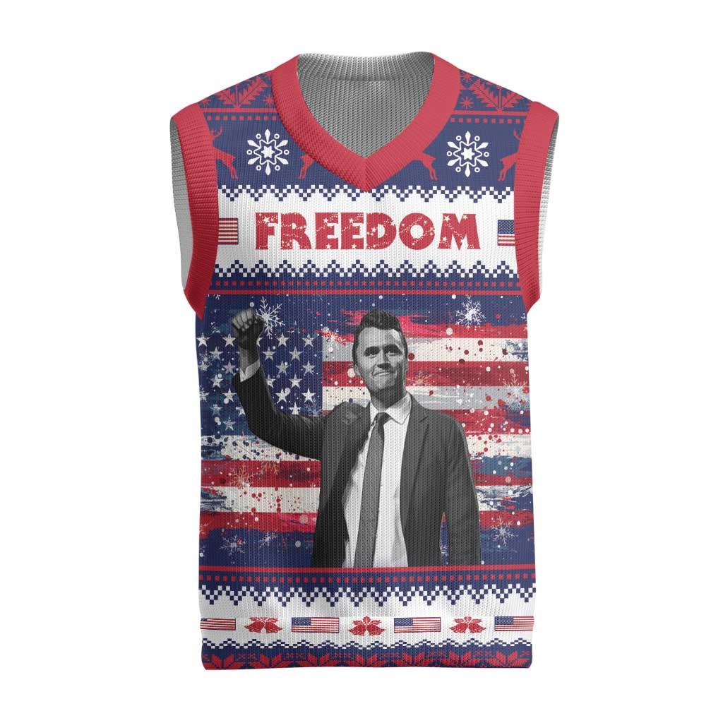 Freedom Charlie Kirk Tribute Christmas Knitted V-Neck Vest American Flag - Wonder Print Shop