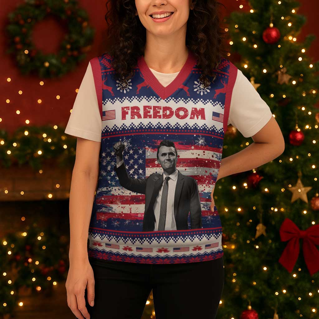 Freedom Charlie Kirk Tribute Christmas Knitted V-Neck Vest American Flag - Wonder Print Shop