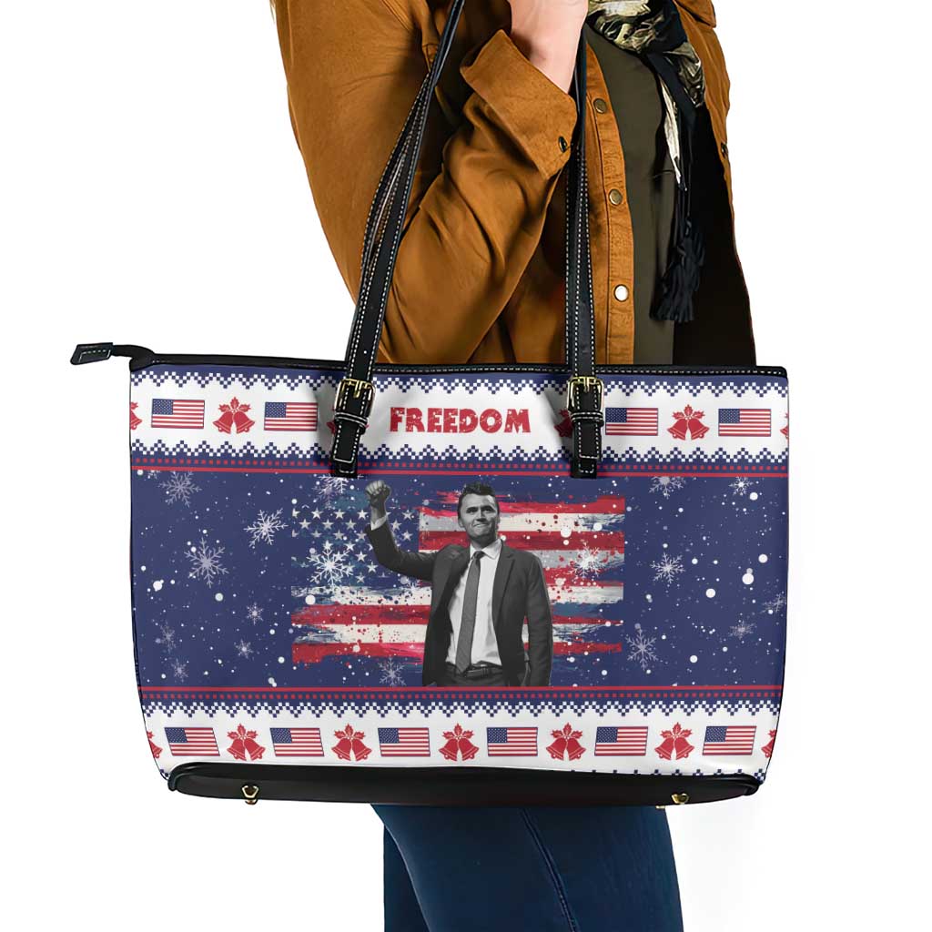 Freedom Charlie Kirk Tribute Christmas Leather Tote Bag American Flag - Wonder Print Shop