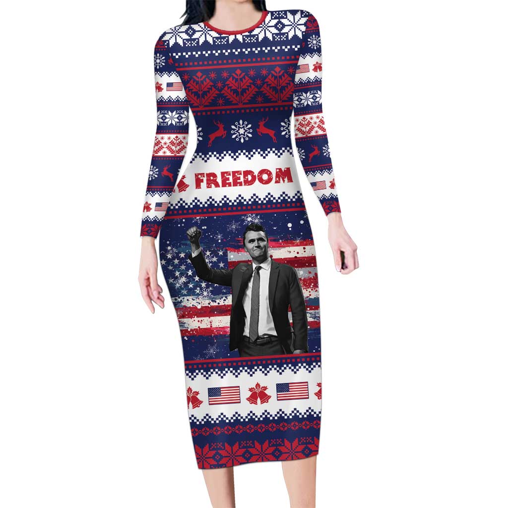 Freedom Charlie Kirk Tribute Christmas Long Sleeve Bodycon Dress American Flag - Wonder Print Shop