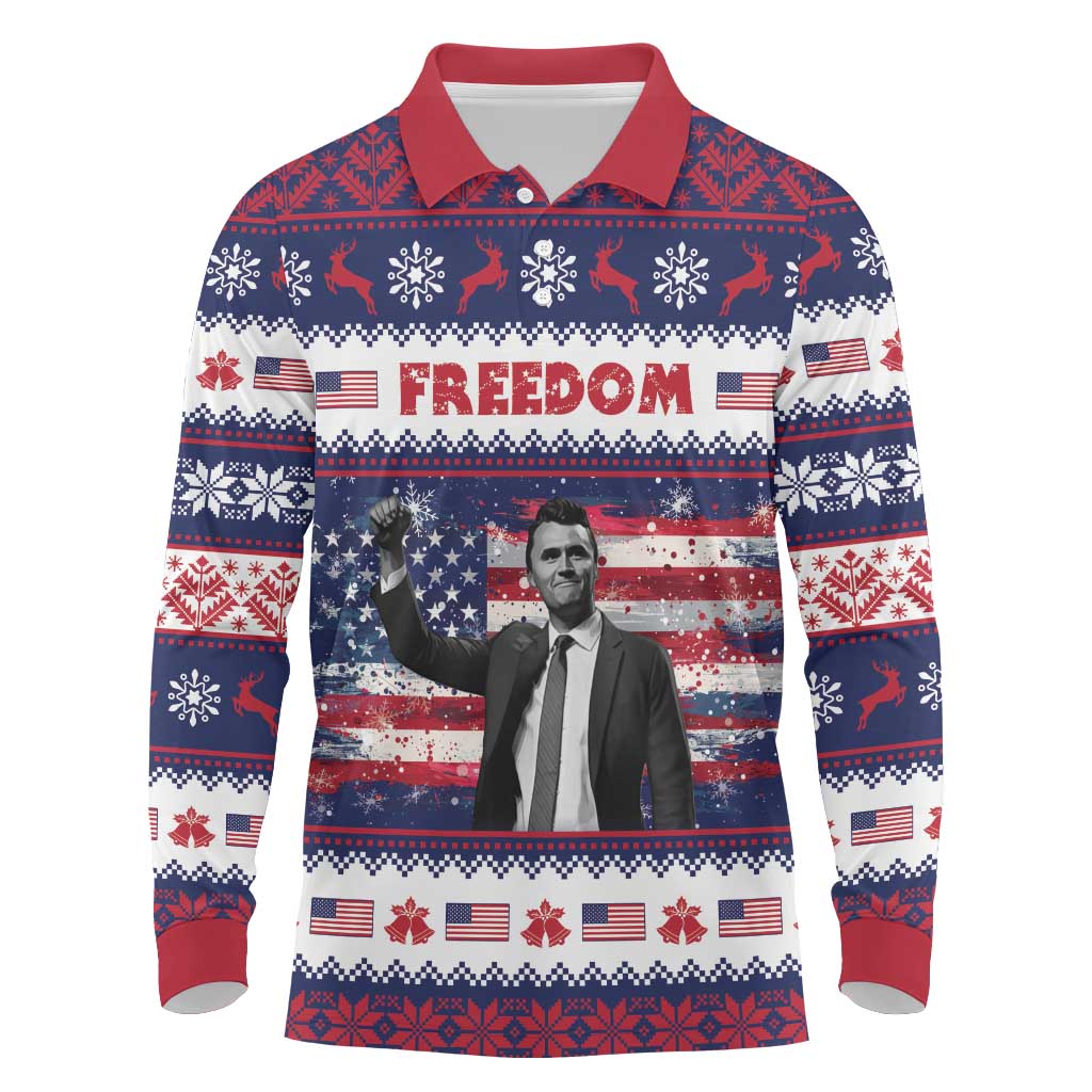 Freedom Charlie Kirk Tribute Christmas Long Sleeve Polo Shirt American Flag - Wonder Print Shop