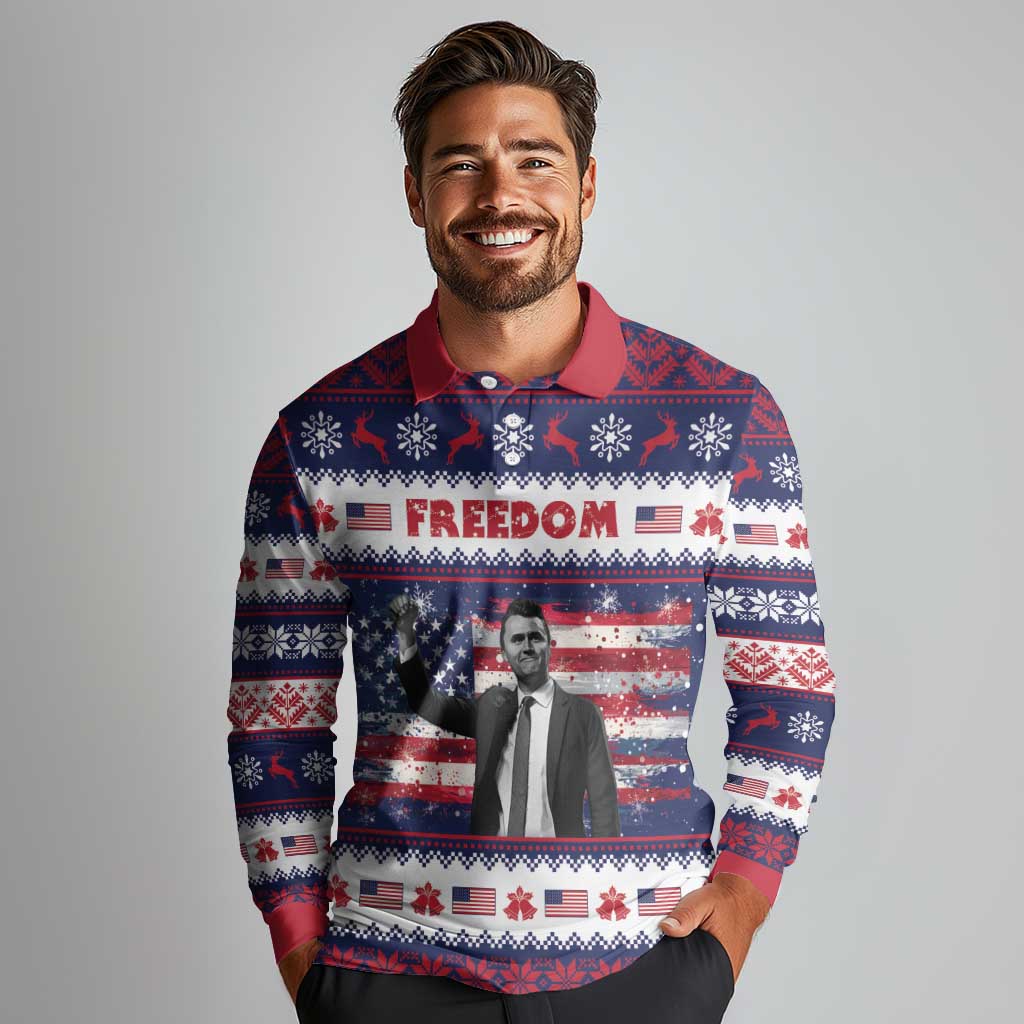 Freedom Charlie Kirk Tribute Christmas Long Sleeve Polo Shirt American Flag - Wonder Print Shop