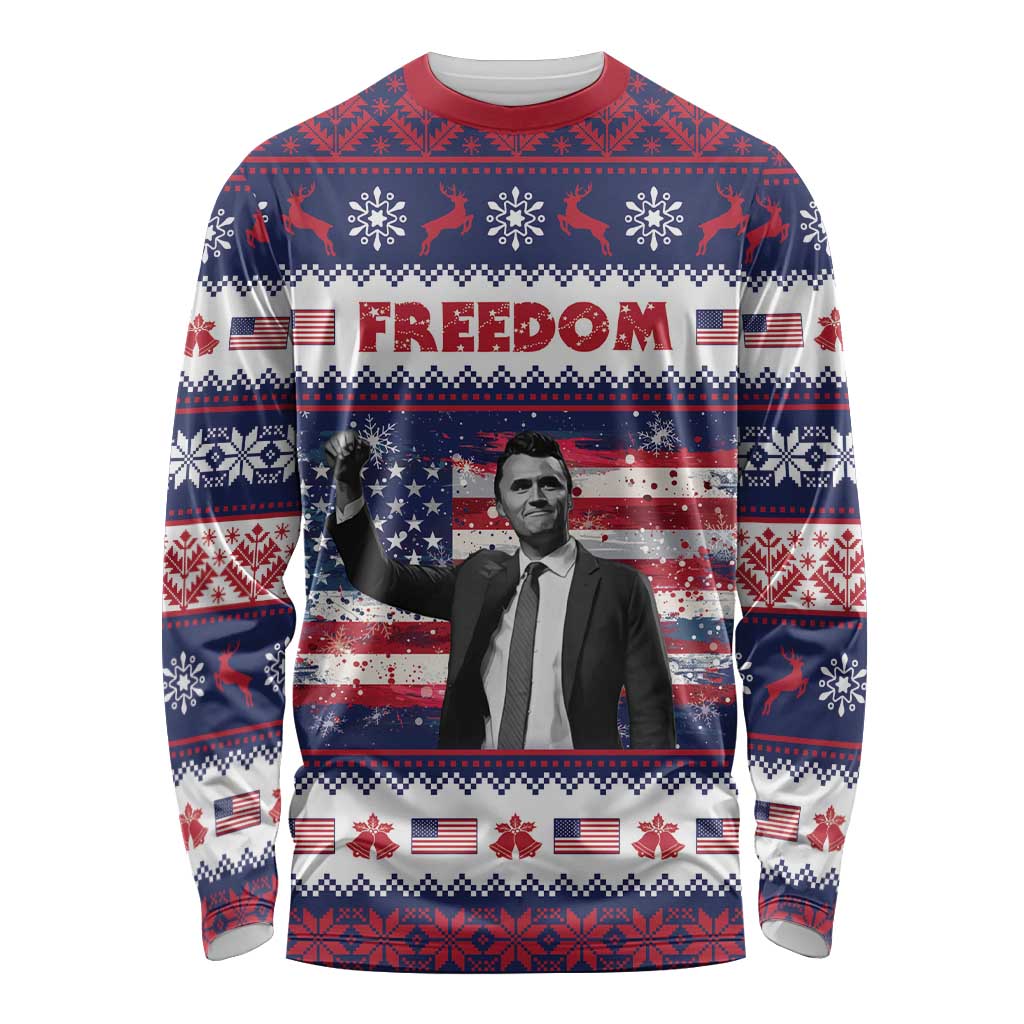 Freedom Charlie Kirk Tribute Christmas Long Sleeve Shirt American Flag - Wonder Print Shop