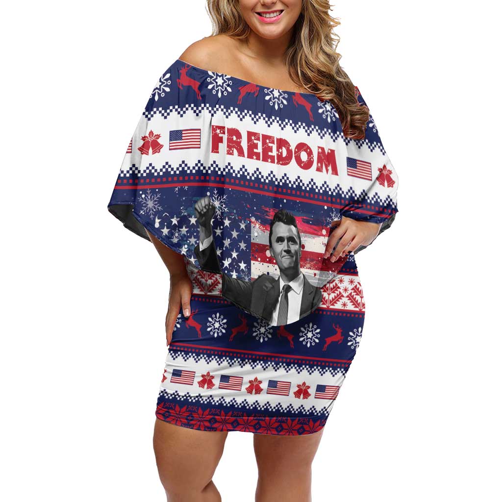 Freedom Charlie Kirk Tribute Christmas Off Shoulder Short Dress American Flag - Wonder Print Shop