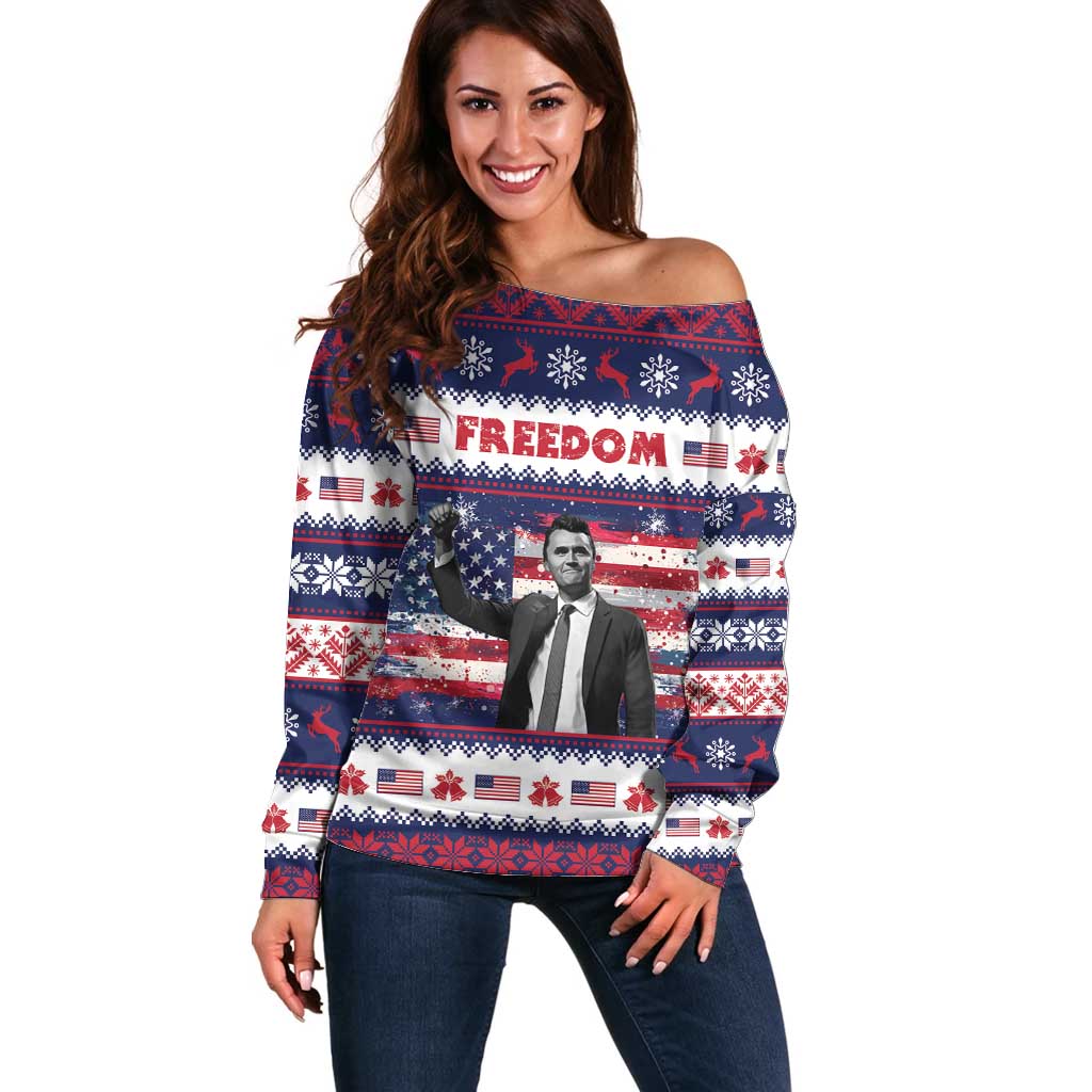 Freedom Charlie Kirk Tribute Christmas Off Shoulder Sweater American Flag - Wonder Print Shop