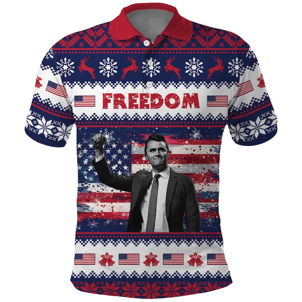 Freedom Charlie Kirk Tribute Christmas Polo Shirt American Flag - Wonder Print Shop