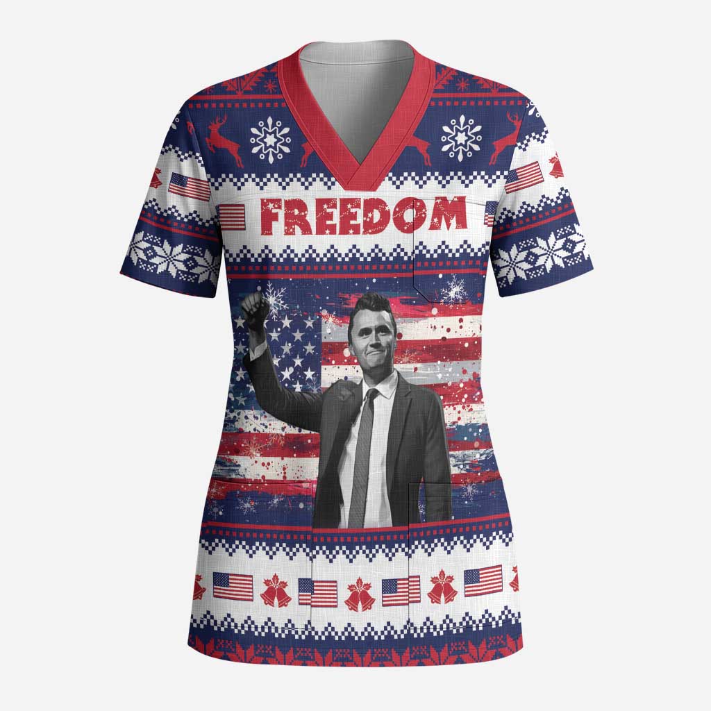 Freedom Charlie Kirk Tribute Christmas Scrub Top American Flag - Wonder Print Shop
