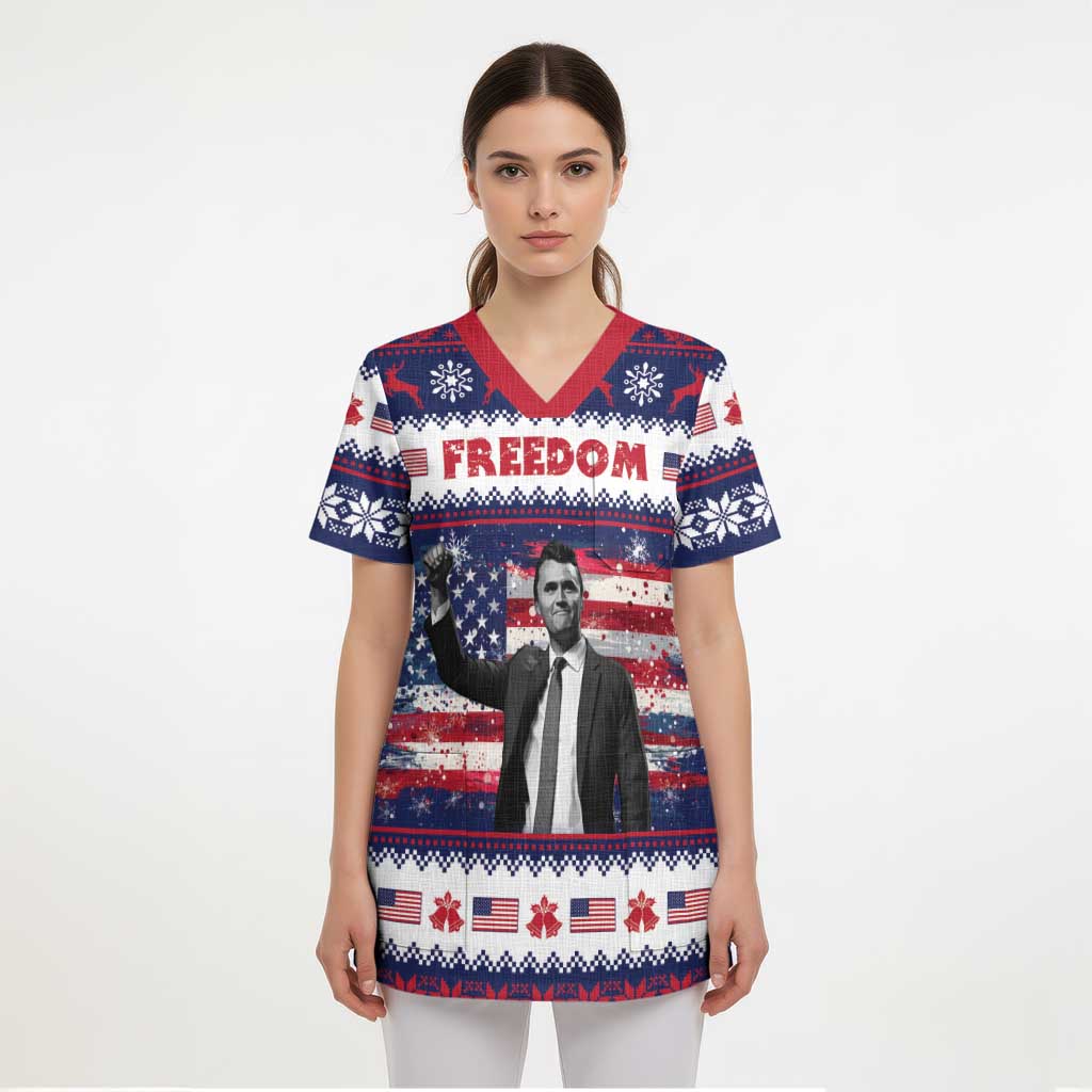 Freedom Charlie Kirk Tribute Christmas Scrub Top American Flag - Wonder Print Shop