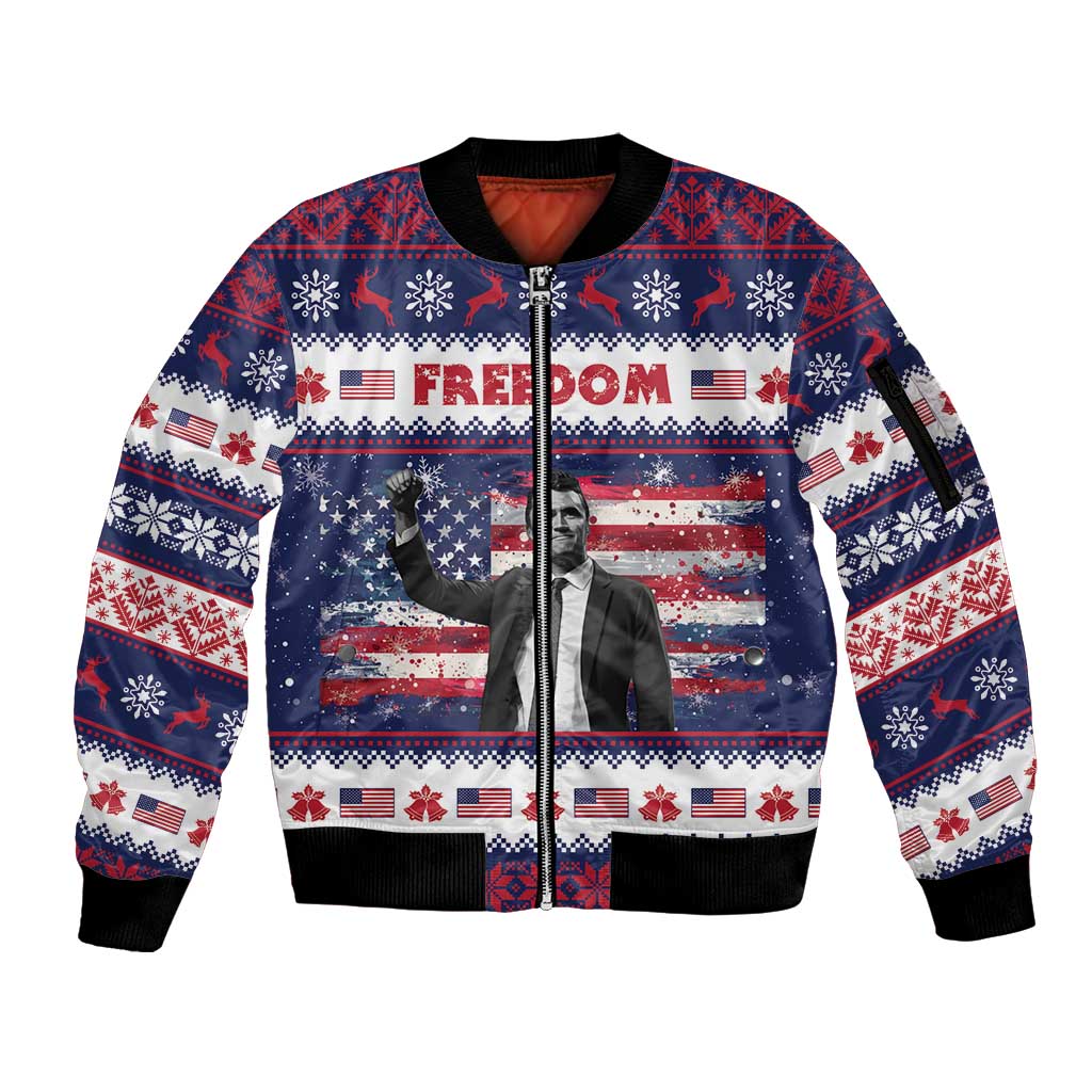 Freedom Charlie Kirk Tribute Christmas Sleeve Zip Bomber Jacket American Flag - Wonder Print Shop