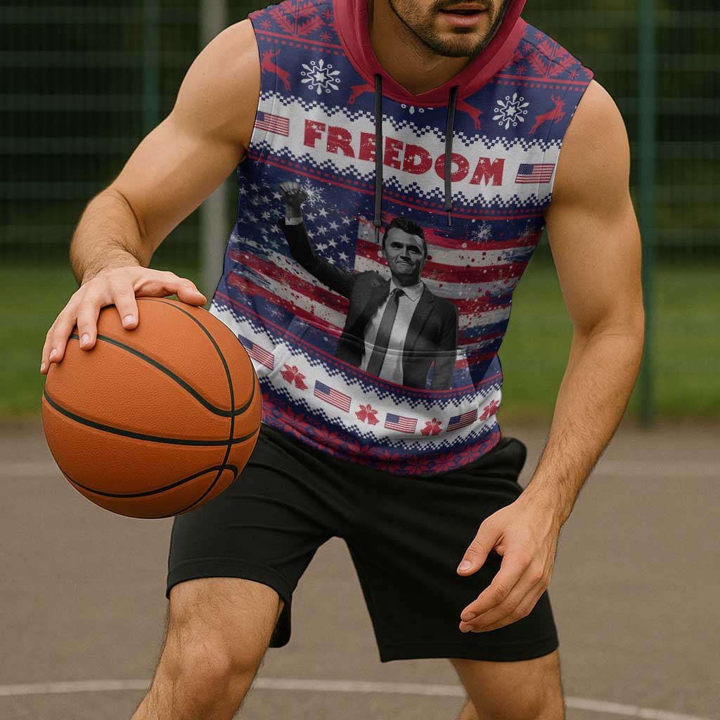 Freedom Charlie Kirk Tribute Christmas Sleeveless Hoodie American Flag - Wonder Print Shop