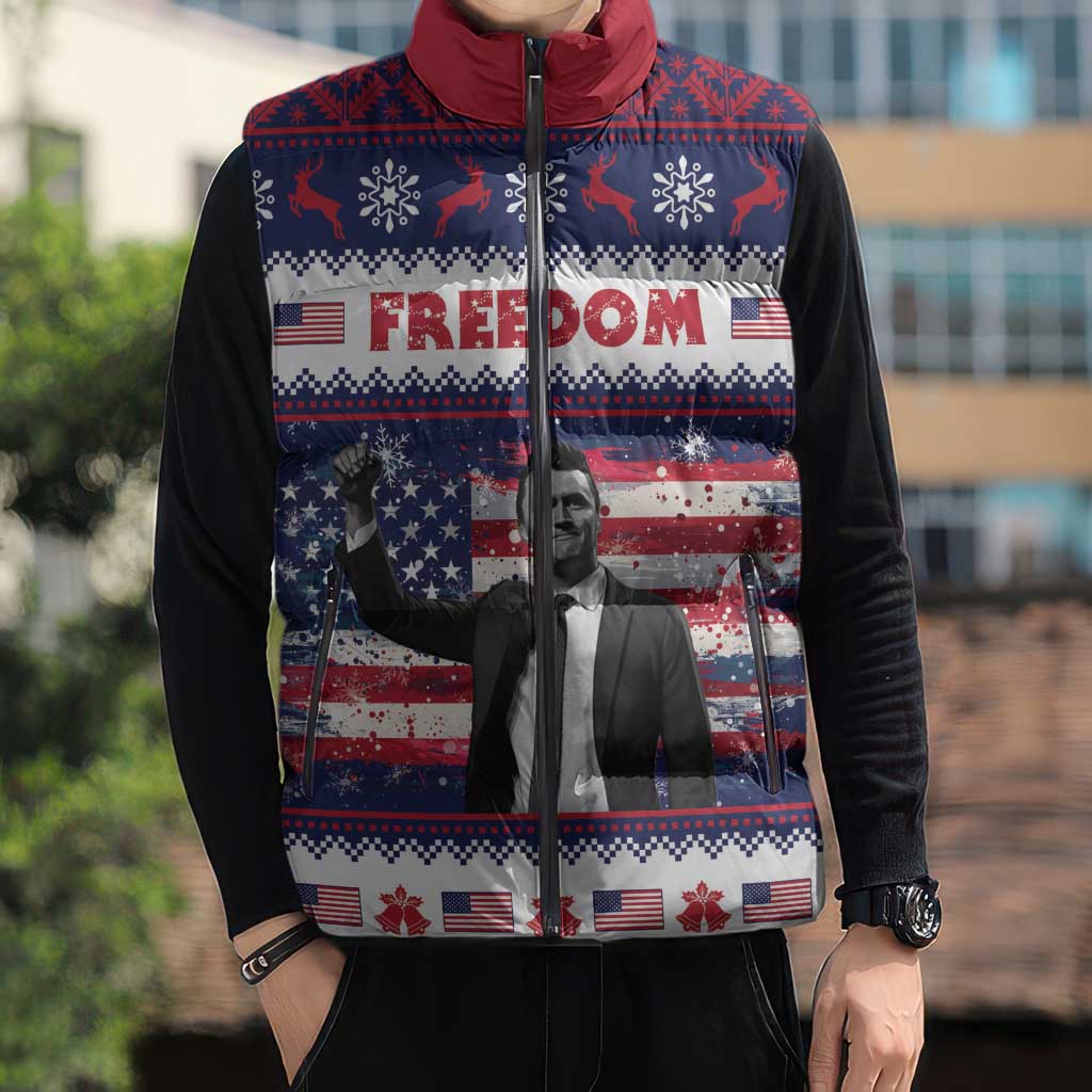 Freedom Charlie Kirk Tribute Christmas Sleeveless Puffer Jacket American Flag - Wonder Print Shop
