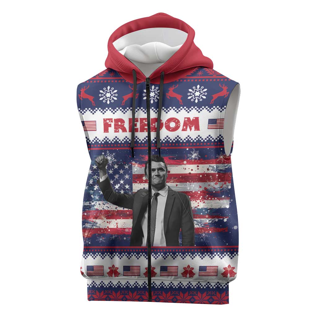 Freedom Charlie Kirk Tribute Christmas Sleeveless Zip Hoodie American Flag - Wonder Print Shop