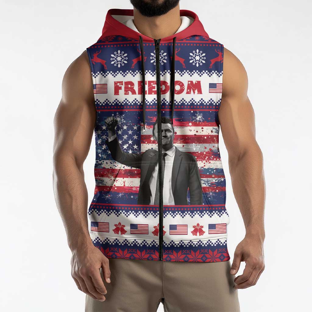 Freedom Charlie Kirk Tribute Christmas Sleeveless Zip Hoodie American Flag - Wonder Print Shop