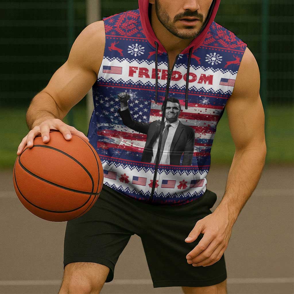 Freedom Charlie Kirk Tribute Christmas Sleeveless Zip Hoodie American Flag - Wonder Print Shop