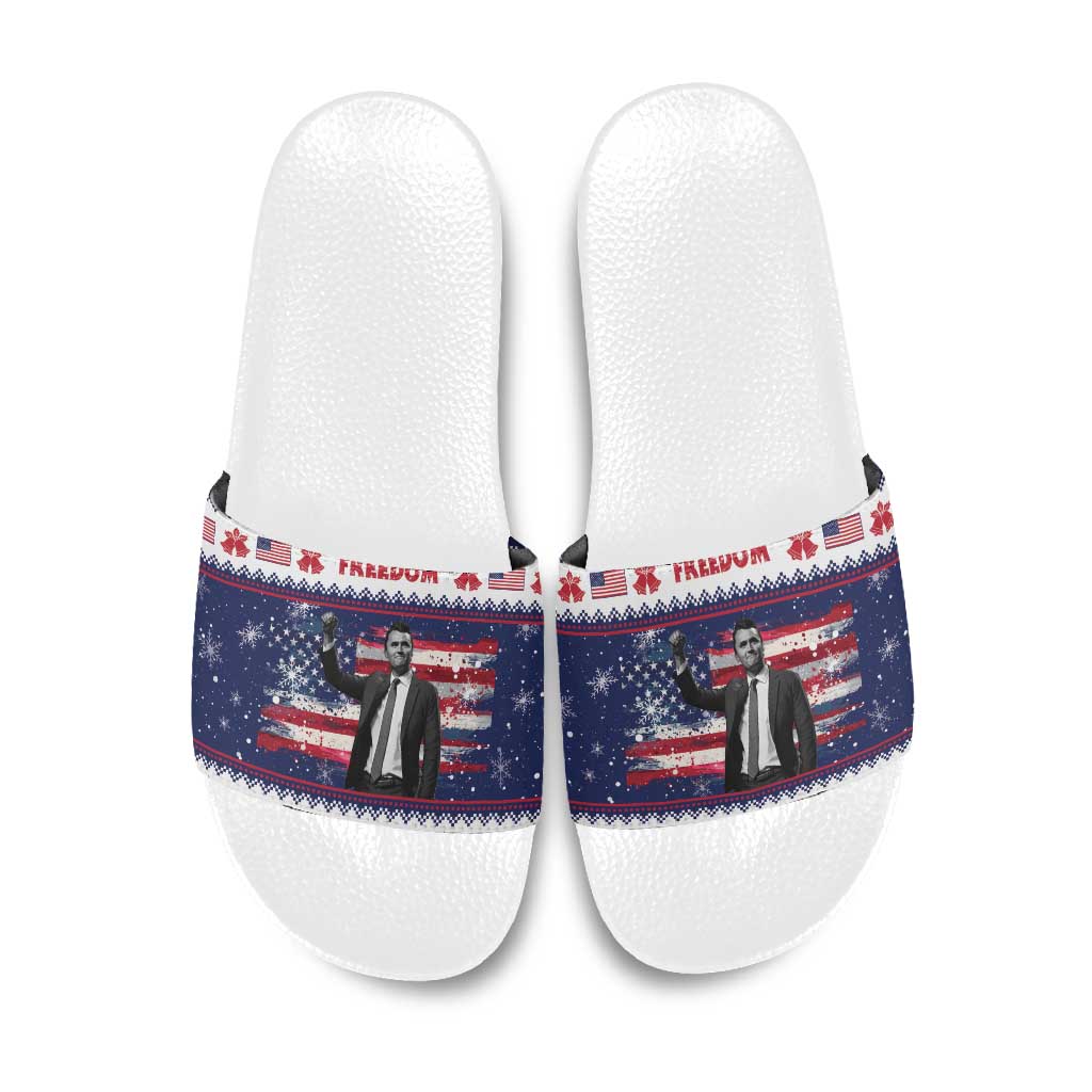 Freedom Charlie Kirk Tribute Christmas Slide Sandals American Flag - Wonder Print Shop