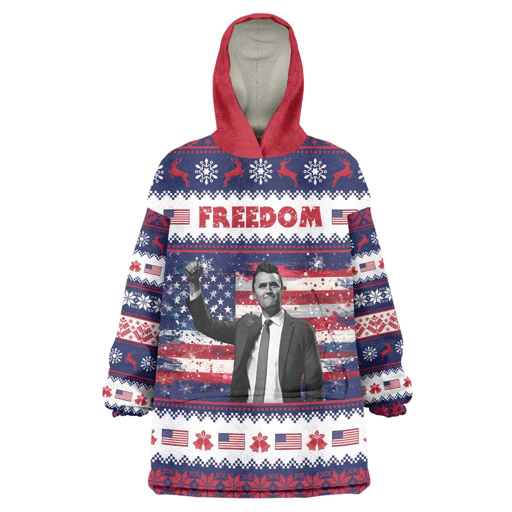 Freedom Charlie Kirk Tribute Christmas Wearable Blanket Hoodie American Flag - Wonder Print Shop