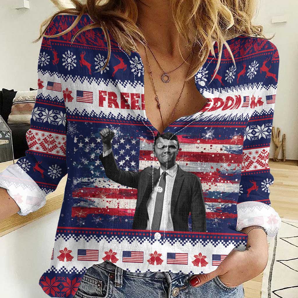 Freedom Charlie Kirk Tribute Christmas Women Casual Shirt American Flag - Wonder Print Shop