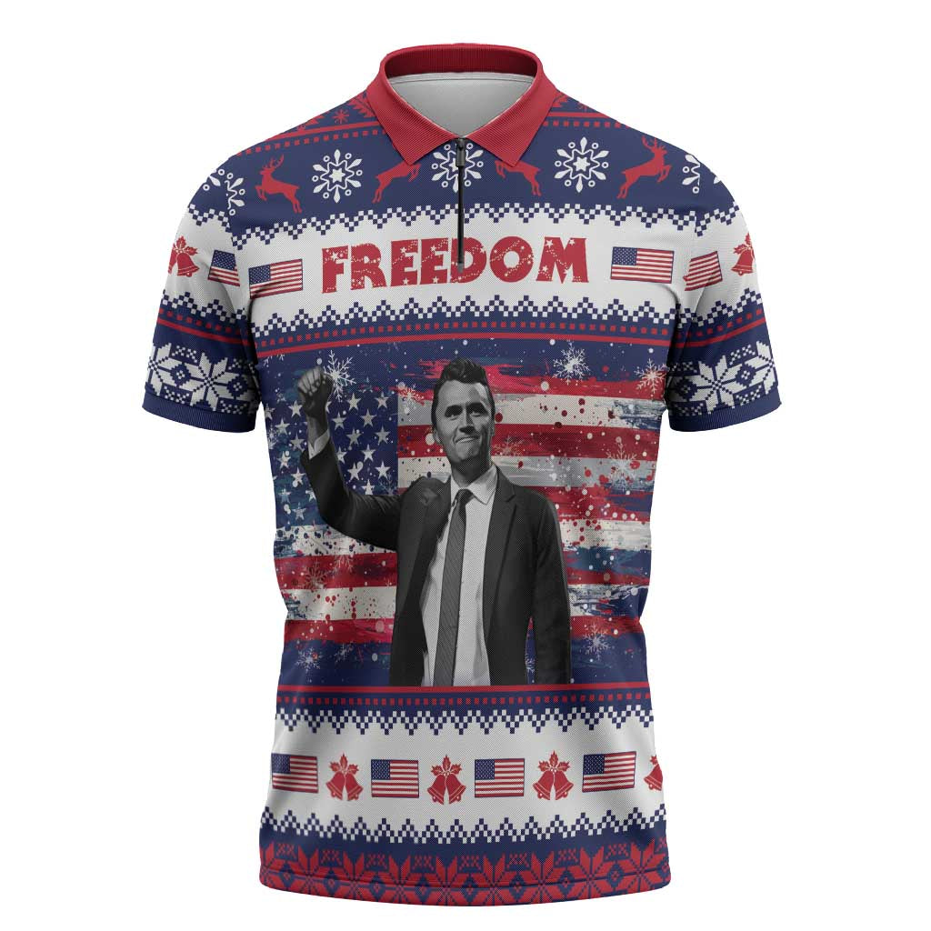Freedom Charlie Kirk Tribute Christmas Zipper Polo Shirt American Flag - Wonder Print Shop