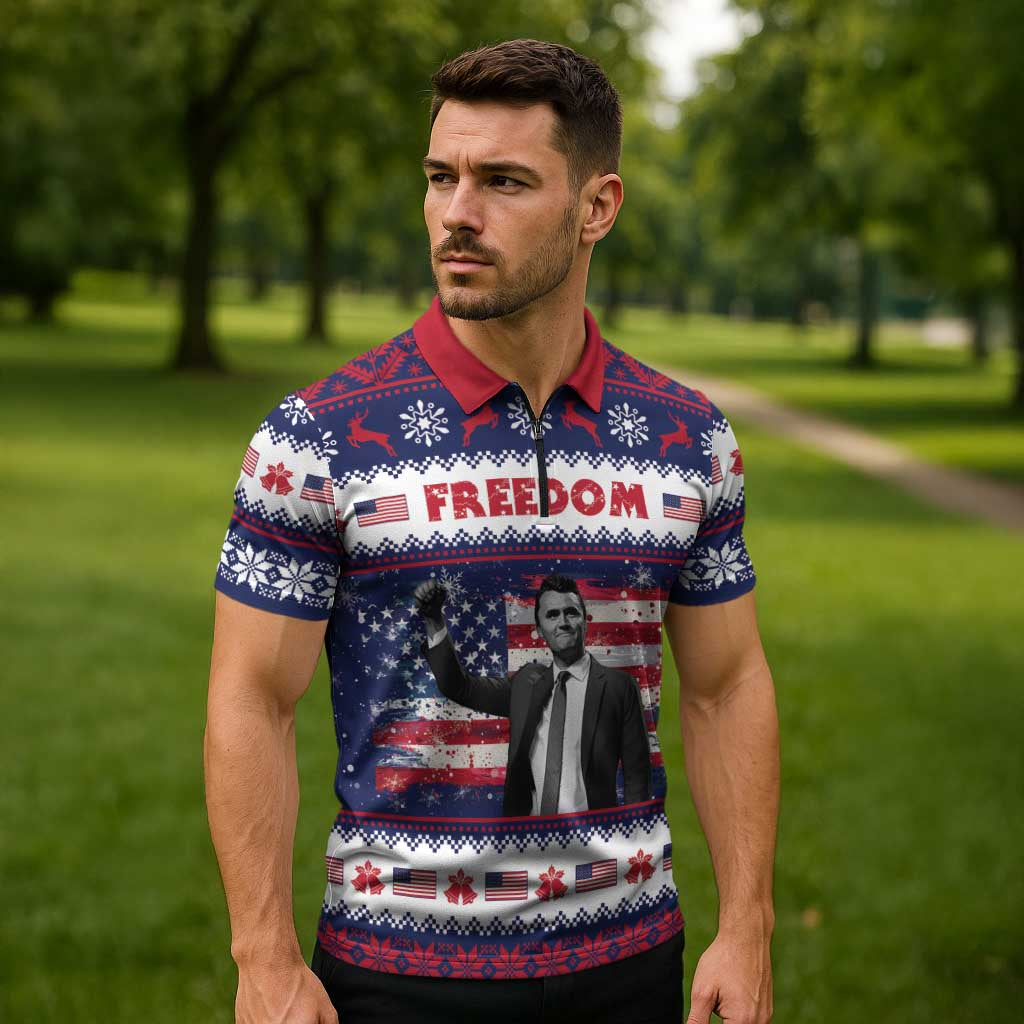 Freedom Charlie Kirk Tribute Christmas Zipper Polo Shirt American Flag - Wonder Print Shop
