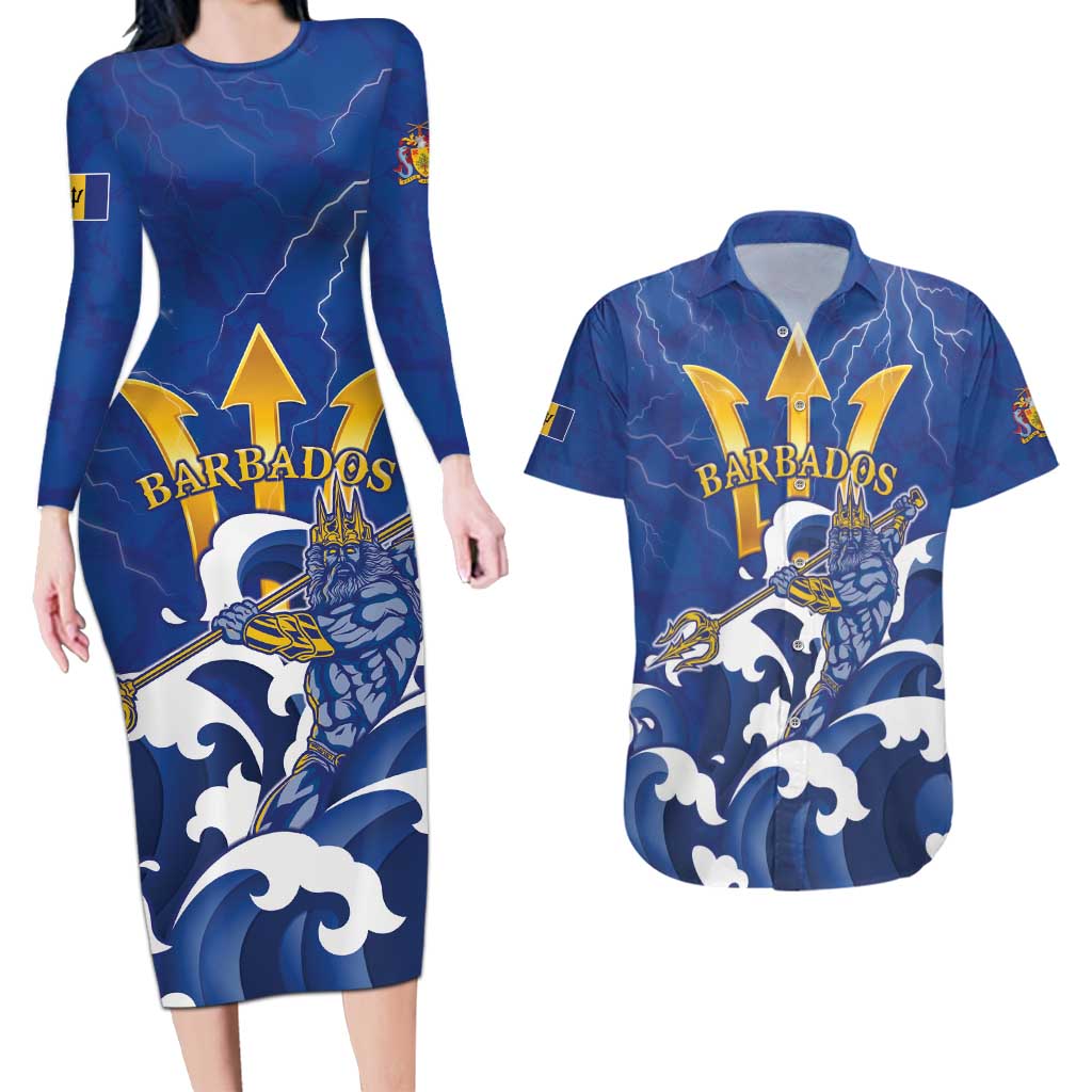 Personalized Barbados Couples Matching Long Sleeve Bodycon Dress and Hawaiian Shirt Poseidon Trident