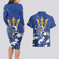 Personalized Barbados Couples Matching Long Sleeve Bodycon Dress and Hawaiian Shirt Poseidon Trident