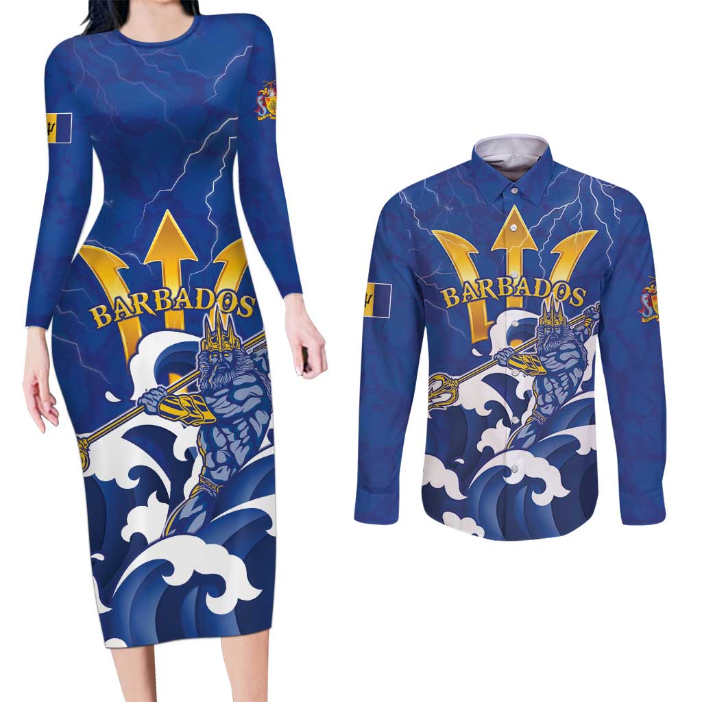 Personalized Barbados Couples Matching Long Sleeve Bodycon Dress and Long Sleeve Button Shirt Poseidon Trident