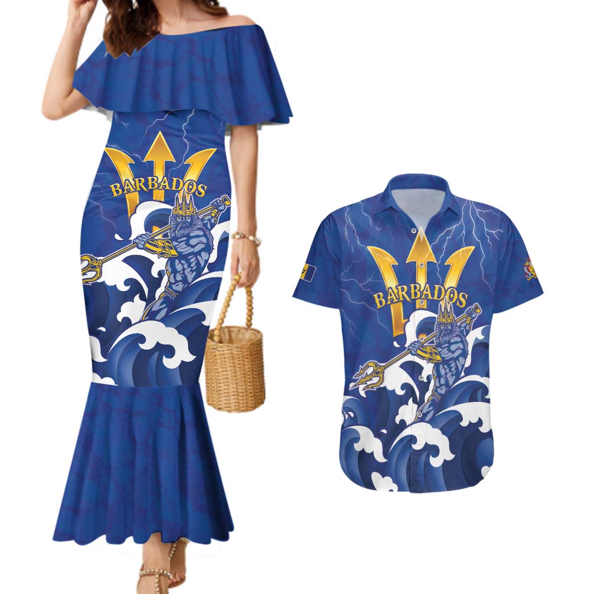 Personalized Barbados Couples Matching Mermaid Dress and Hawaiian Shirt Poseidon Trident