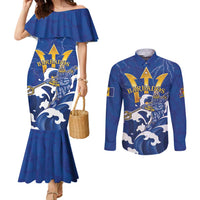 Personalized Barbados Couples Matching Mermaid Dress and Long Sleeve Button Shirt Poseidon Trident
