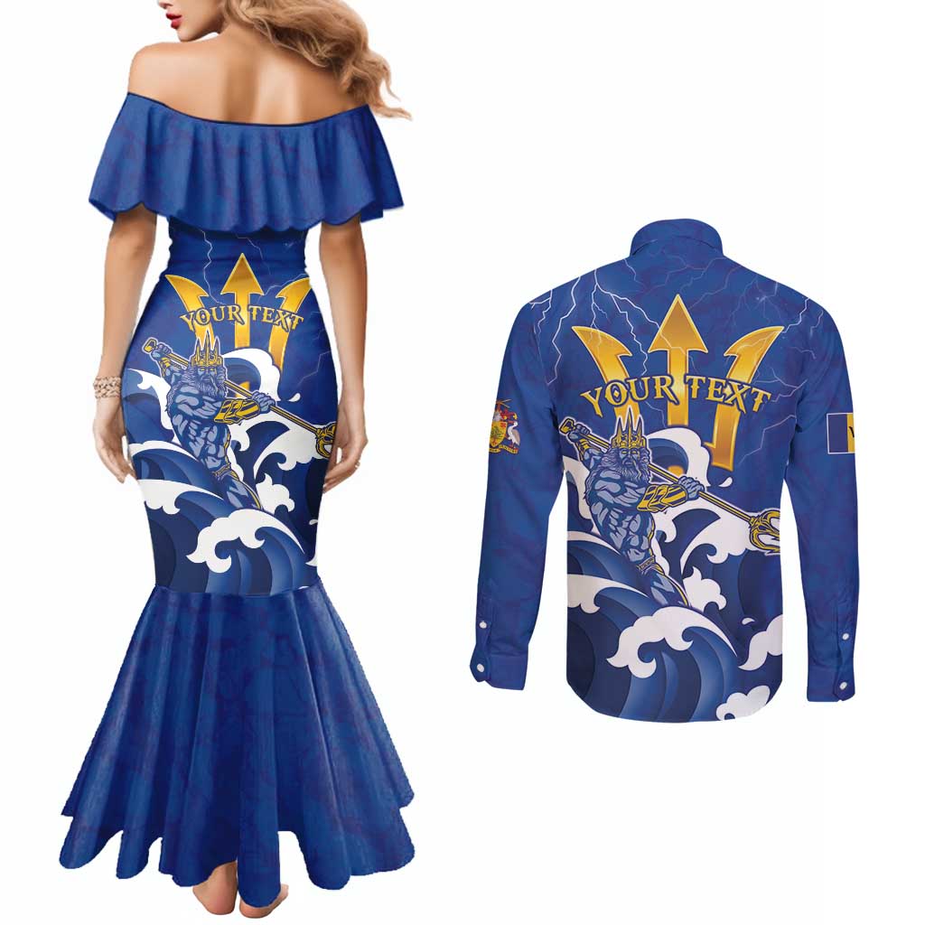 Personalized Barbados Couples Matching Mermaid Dress and Long Sleeve Button Shirt Poseidon Trident