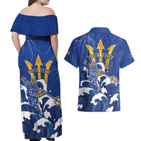 Personalized Barbados Couples Matching Off Shoulder Maxi Dress and Hawaiian Shirt Poseidon Trident