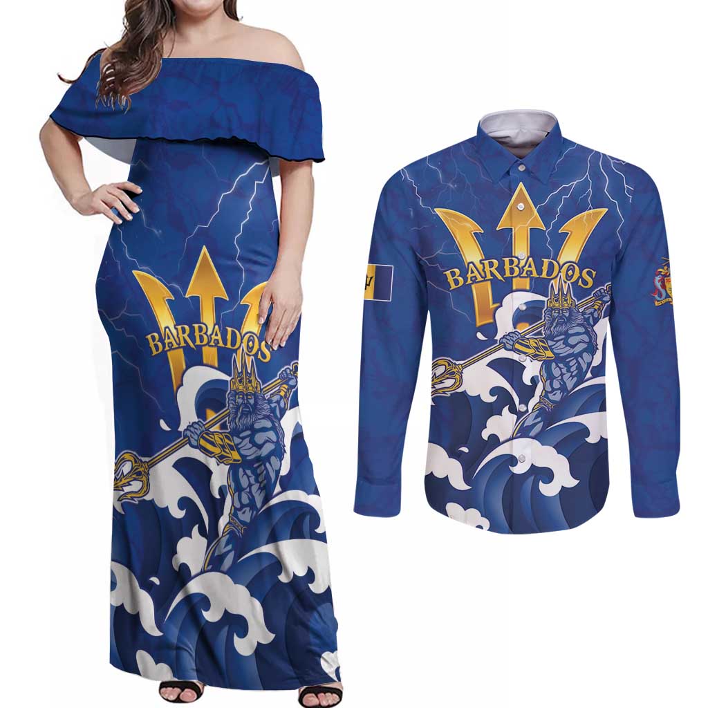Personalized Barbados Couples Matching Off Shoulder Maxi Dress and Long Sleeve Button Shirt Poseidon Trident