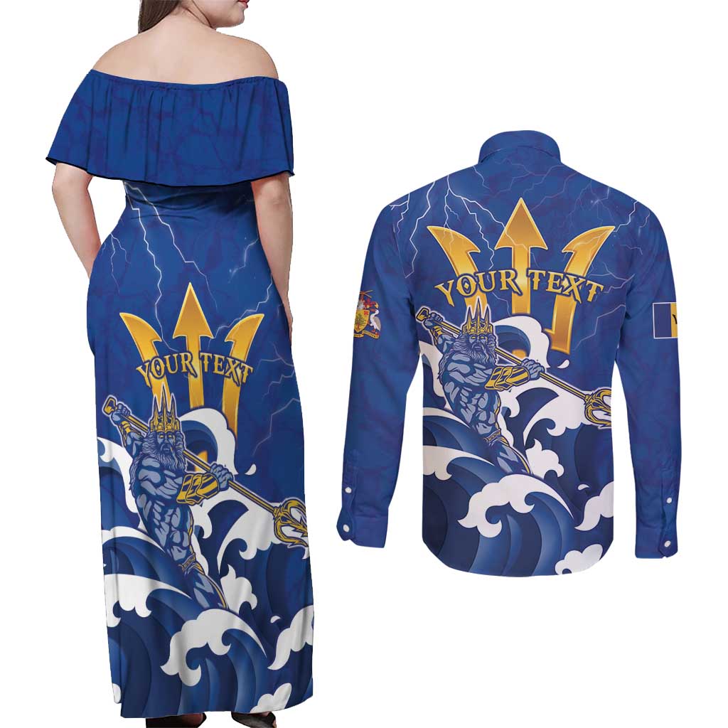 Personalized Barbados Couples Matching Off Shoulder Maxi Dress and Long Sleeve Button Shirt Poseidon Trident