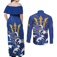 Personalized Barbados Couples Matching Off Shoulder Maxi Dress and Long Sleeve Button Shirt Poseidon Trident