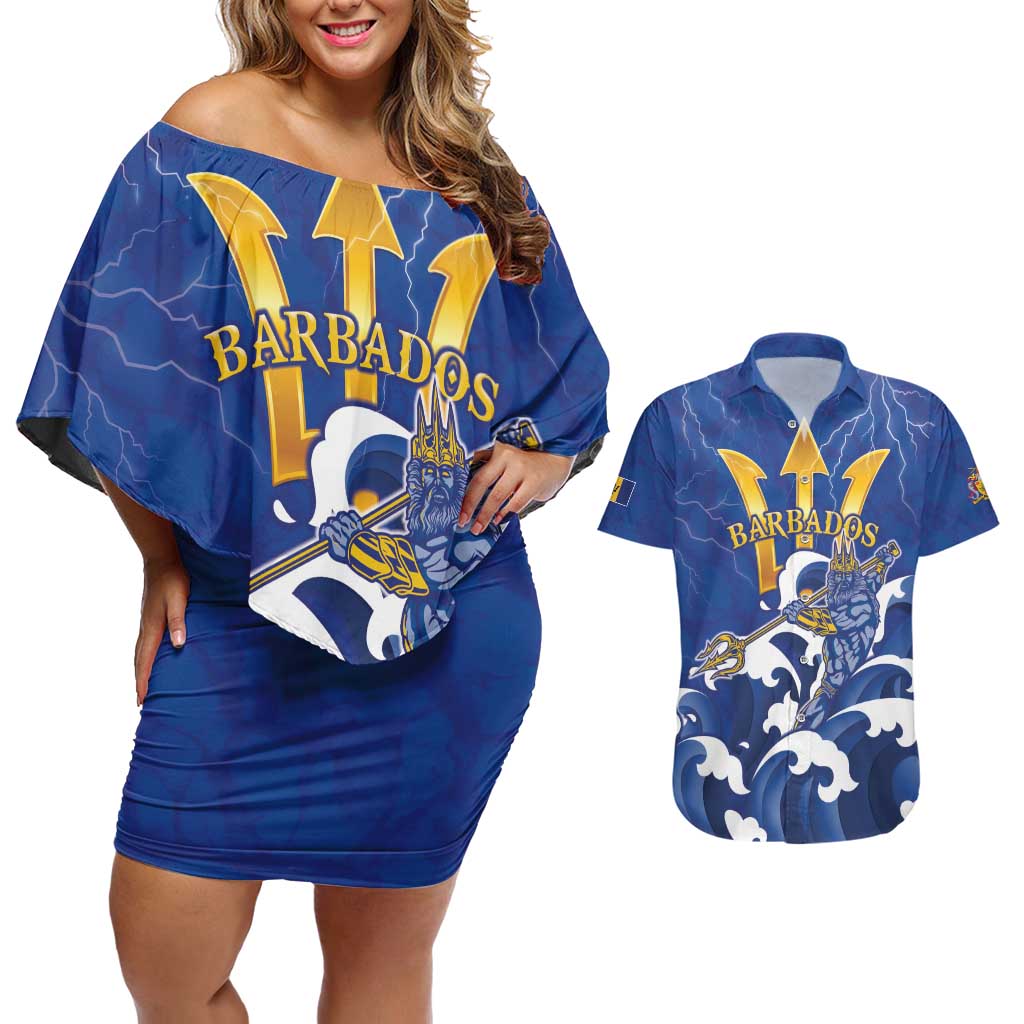 Personalized Barbados Couples Matching Off Shoulder Short Dress and Hawaiian Shirt Poseidon Trident
