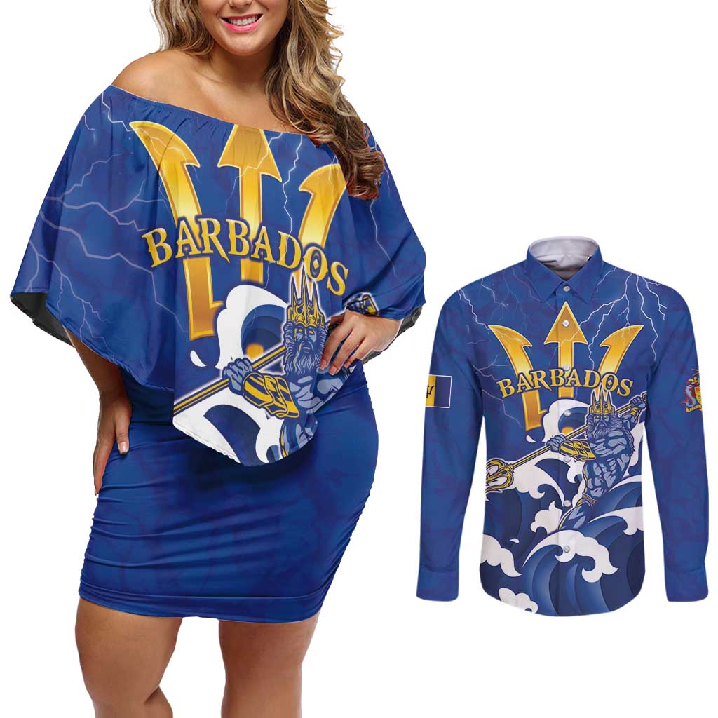 Personalized Barbados Couples Matching Off Shoulder Short Dress and Long Sleeve Button Shirt Poseidon Trident